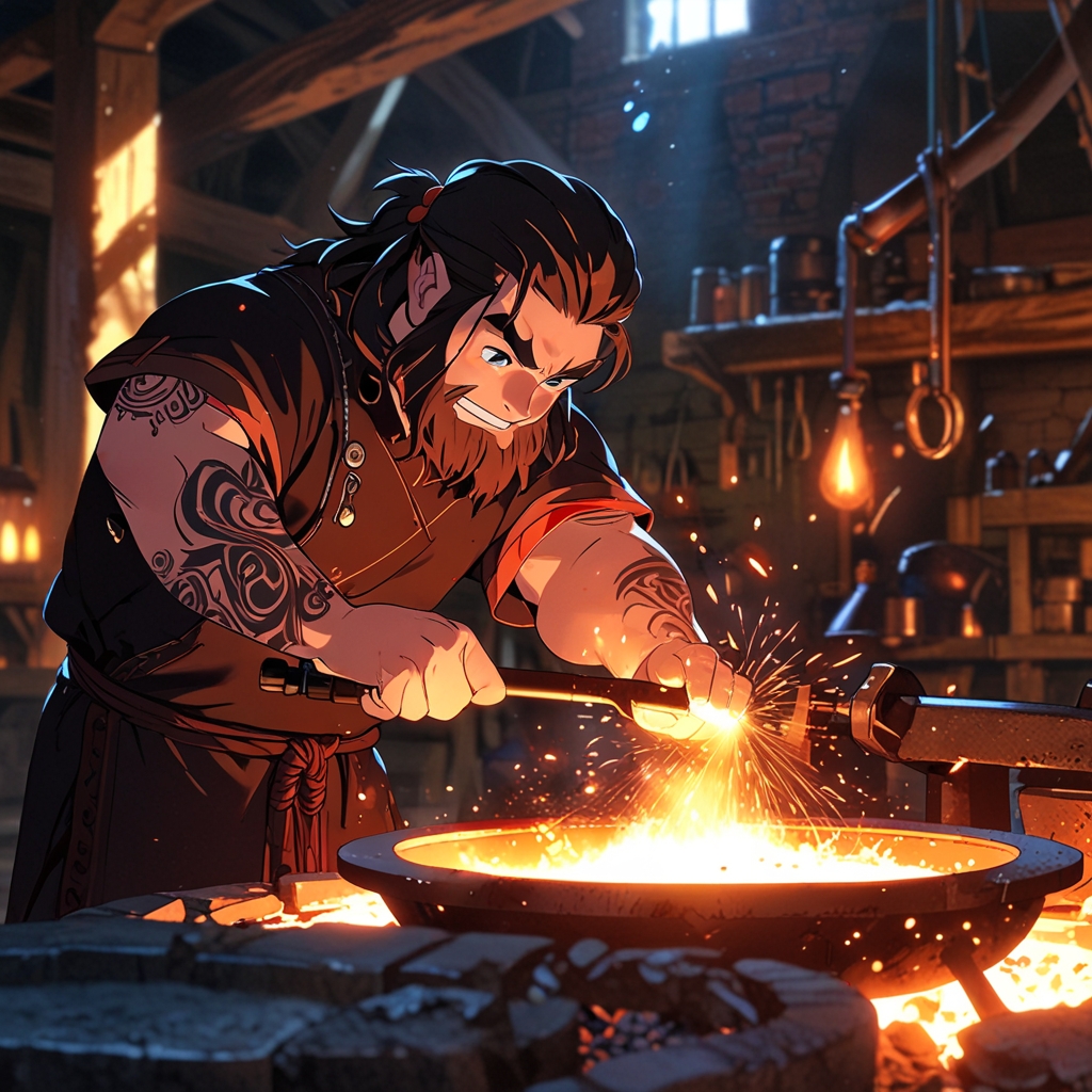 Um personagem que é um ferreiro que está usando sua forja.